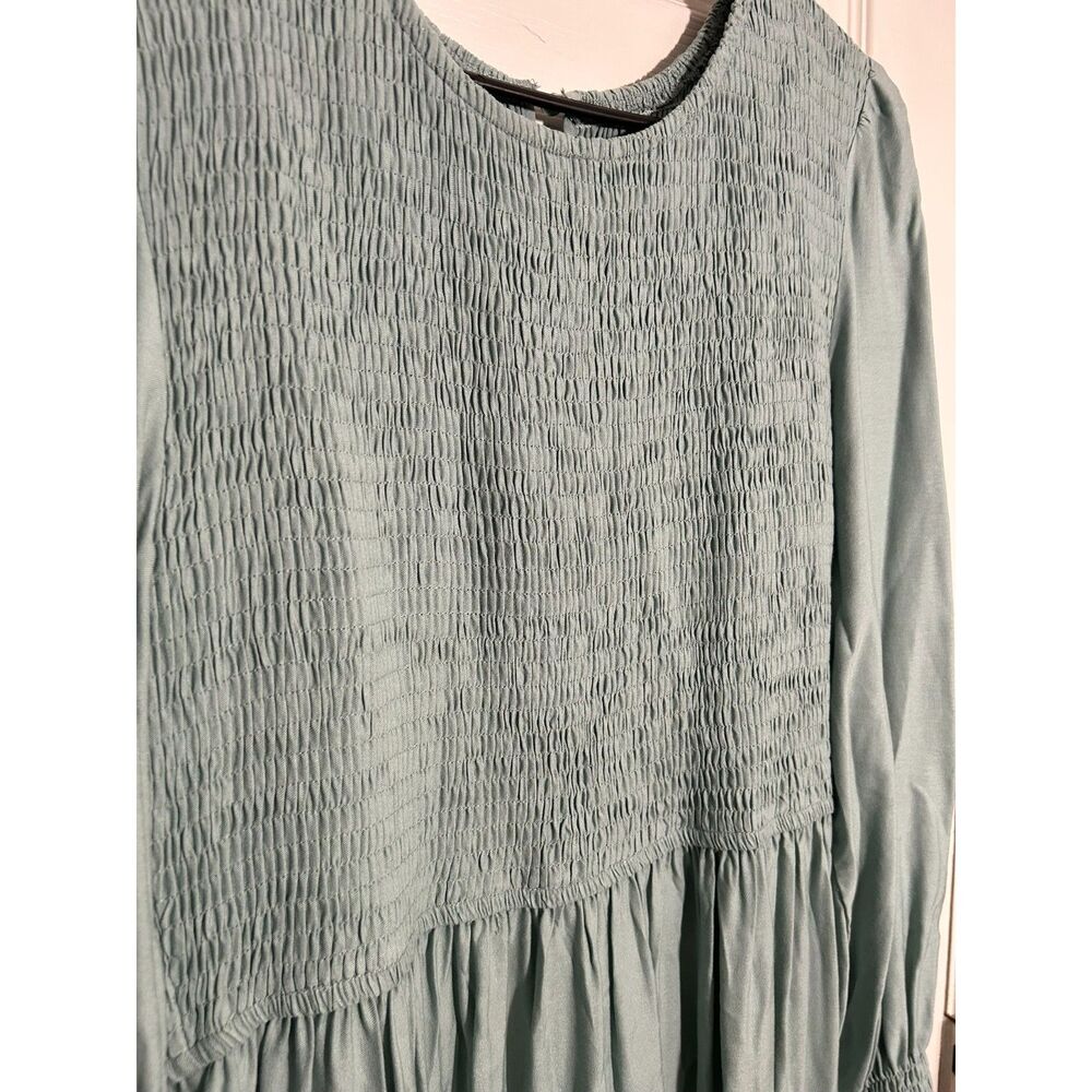 Zesica Sage Green Smocked Tiered Maxi Dress Long Sleeve Large